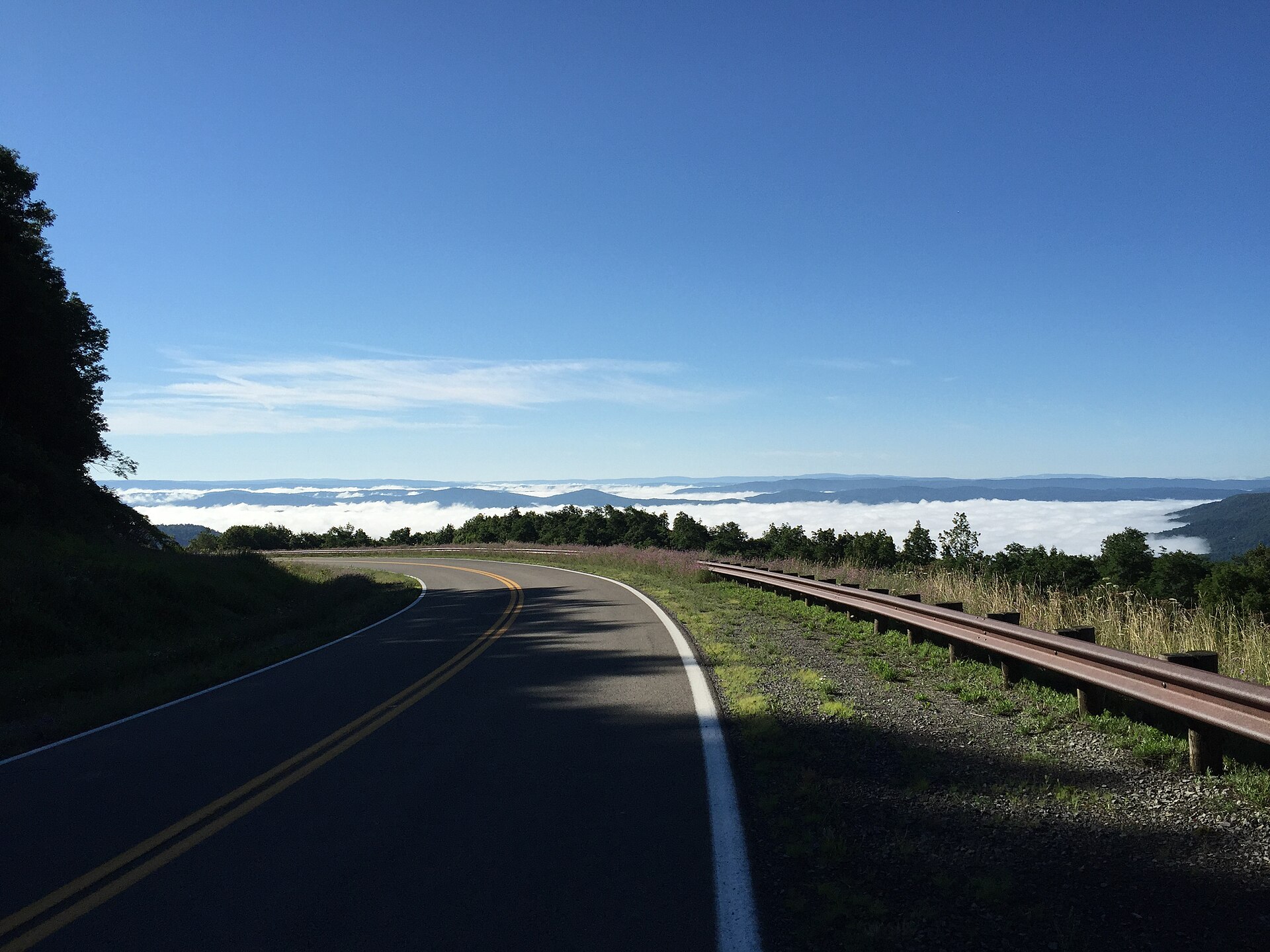 File:2017-07-30 08 51 00 View southeast into the fog-filled valley of Stony Creek from West Virginia State Route 150 (Highland Scenic Highway) at the Red Lick Scenic Overlook in Pocahontas County, West Virginia.jpg